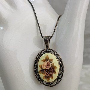Vintage 925 Silver Roses Pendant Necklace rose cabochon